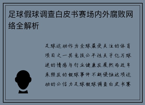 足球假球调查白皮书赛场内外腐败网络全解析